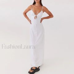 Tie up Spaghetti Cutout Maxi Dress WHITE / S