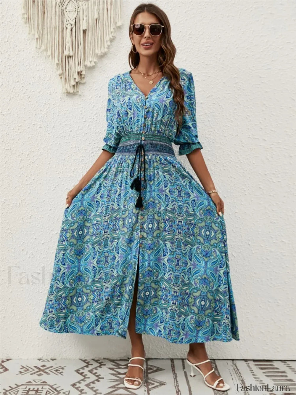 Tie Waist Lantern Sleeve Boho Dress