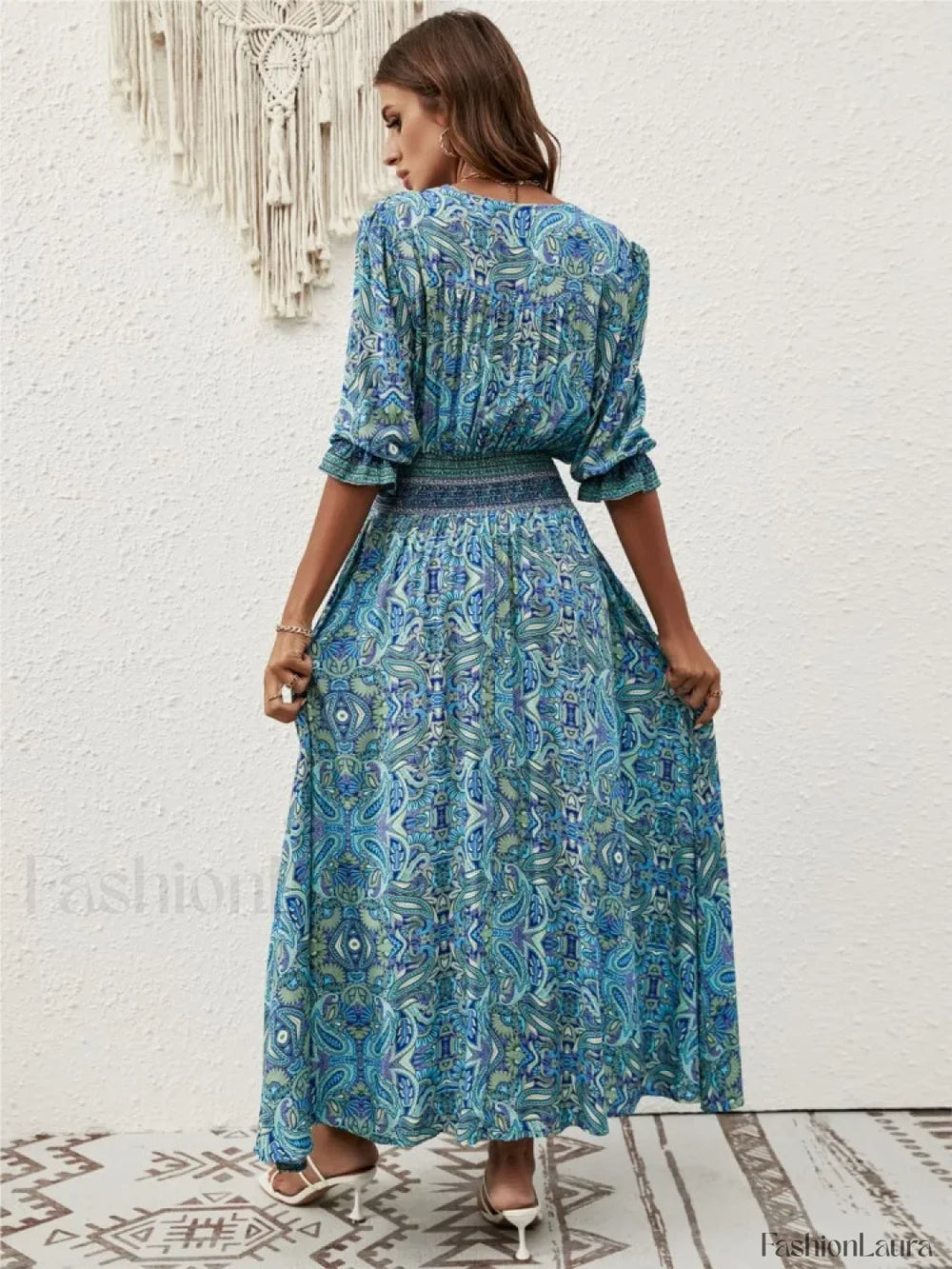 Tie Waist Lantern Sleeve Boho Dress
