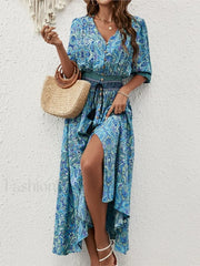 Tie Waist Lantern Sleeve Boho Dress