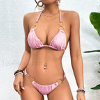 Tied Halter Ring Hollow Bikini Set Pink / S