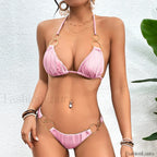 Tied Halter Ring Hollow Bikini Set Pink / S