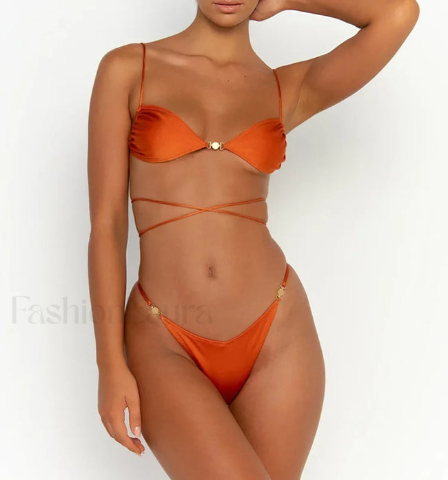 Tied Solid Halter Bikini Set ORANGE / S Main image