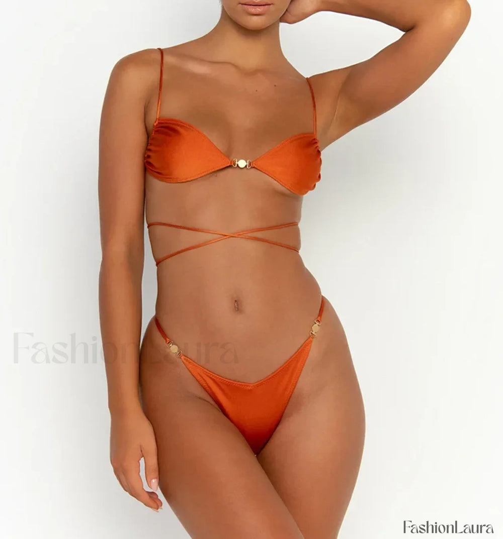 Tied Solid Halter Bikini Set ORANGE / S