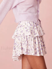 Tiered Floral Flowy Mini Skirt PURPLE / S