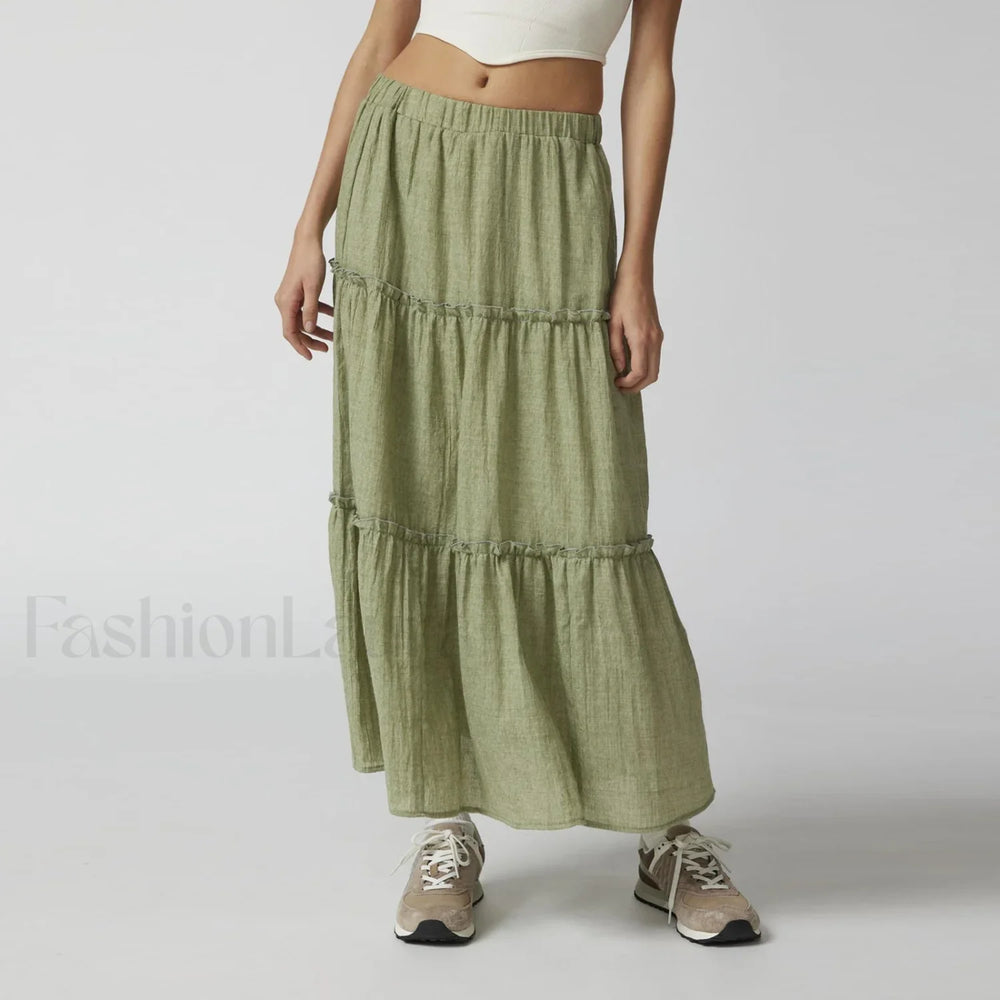 Tiered Flowy Maxi Beach Skirt Green / S