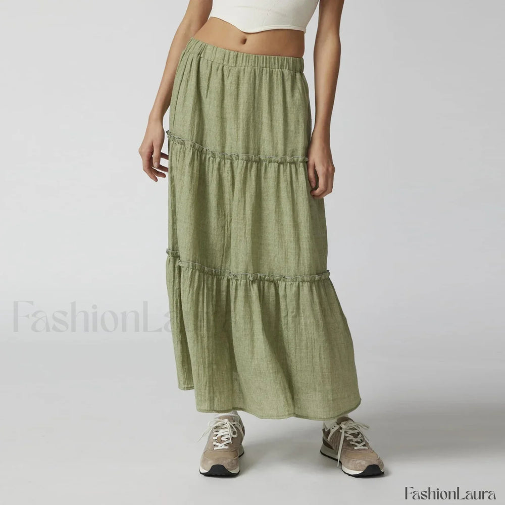 Tiered Flowy Maxi Beach Skirt Green / S