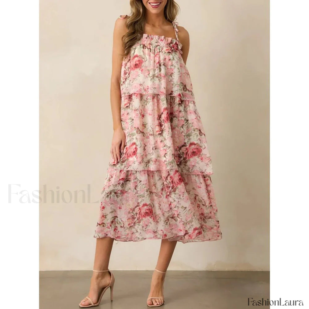 Tiered Lace Up Cami Midi Dress