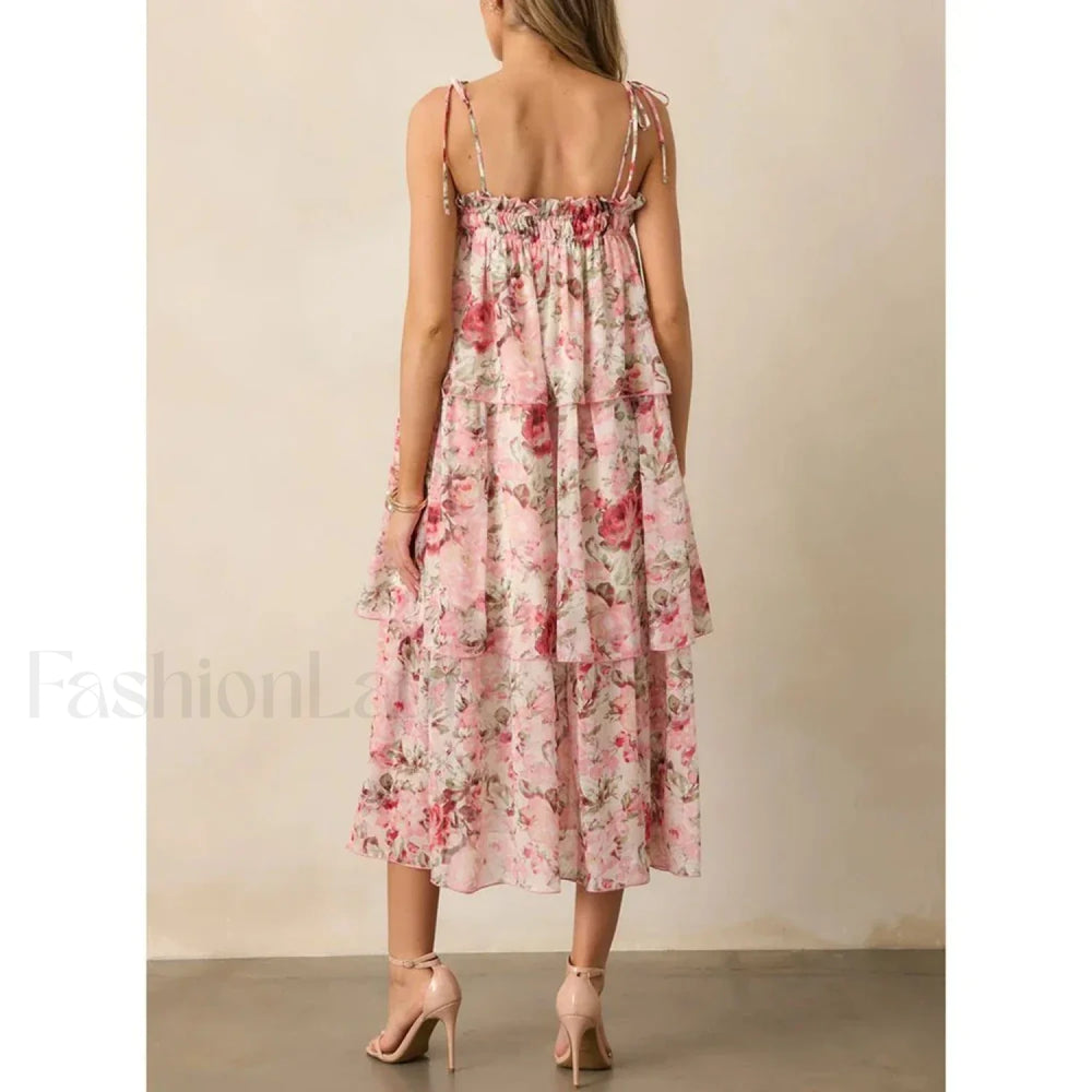 Tiered Lace Up Cami Midi Dress