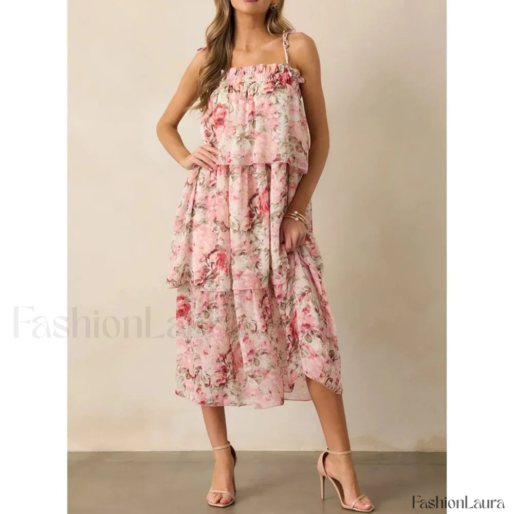 Tiered Lace Up Cami Midi Dress