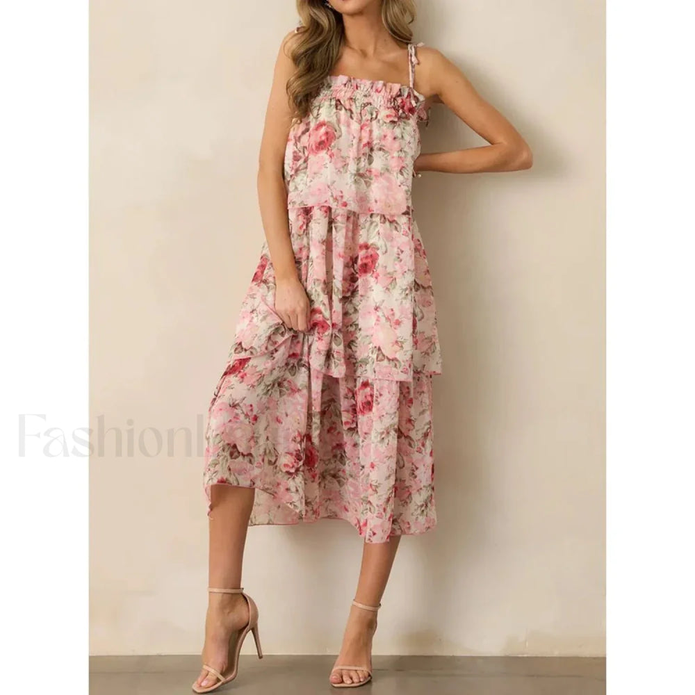 Tiered Lace Up Cami Midi Dress