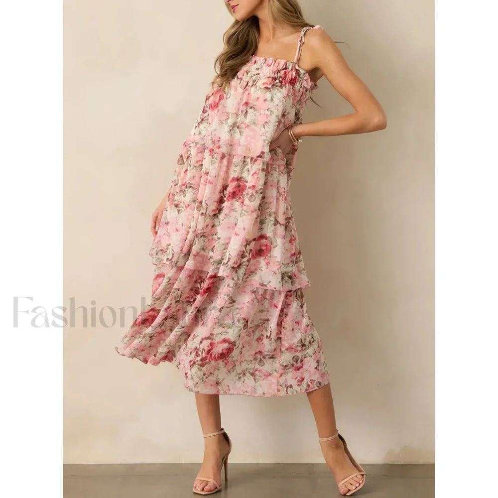 Tiered Lace Up Cami Midi Dress red / S