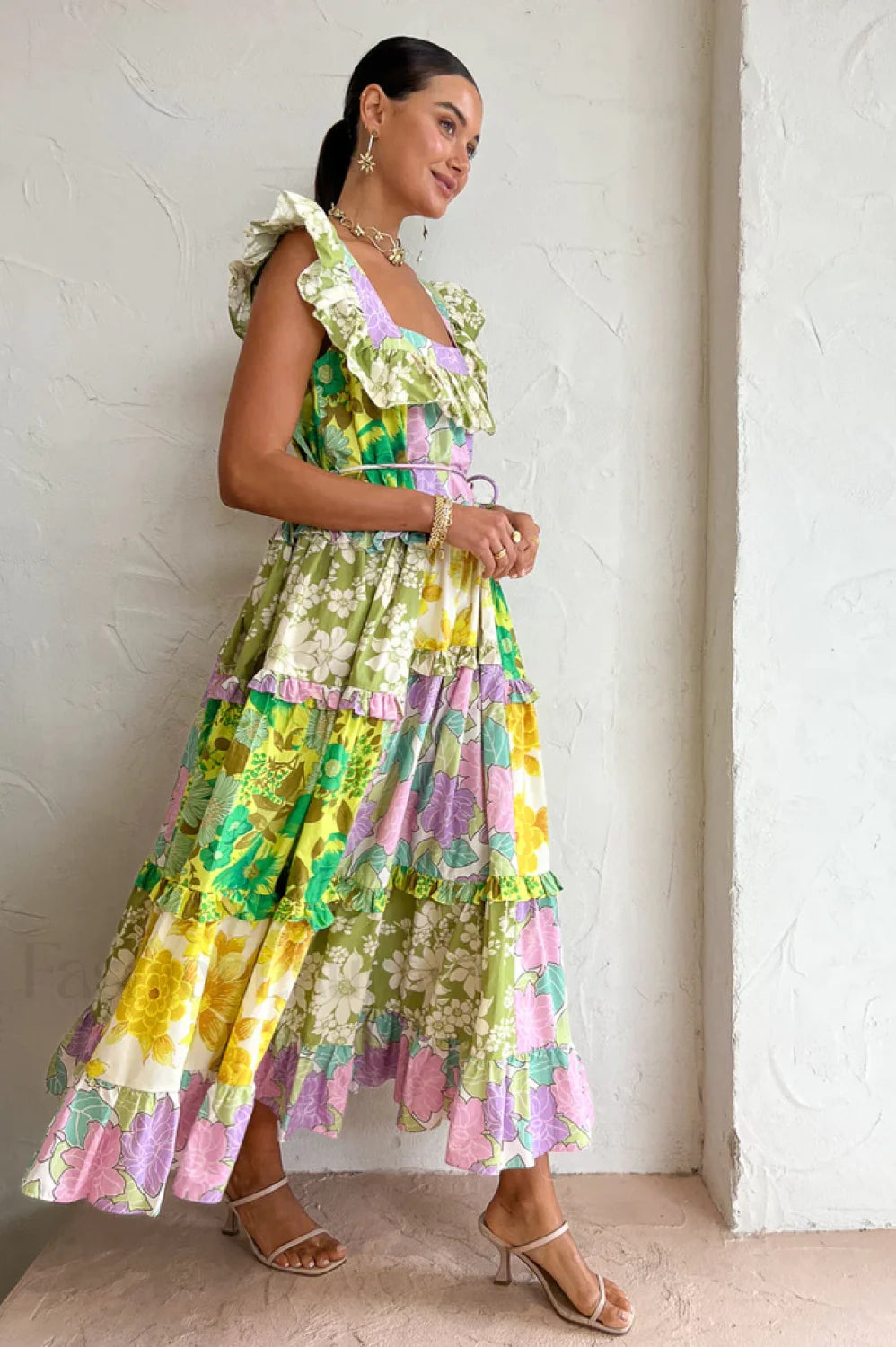 Tiered Patchwork Stylish Midi Dress
