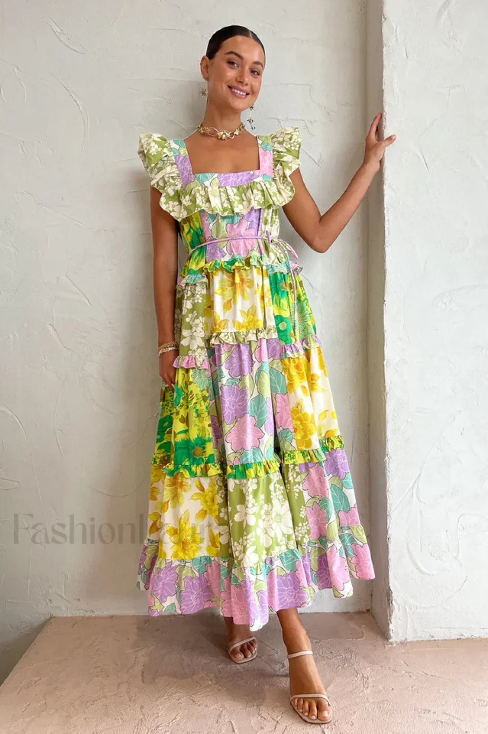 Tiered Patchwork Stylish Midi Dress Secondary image