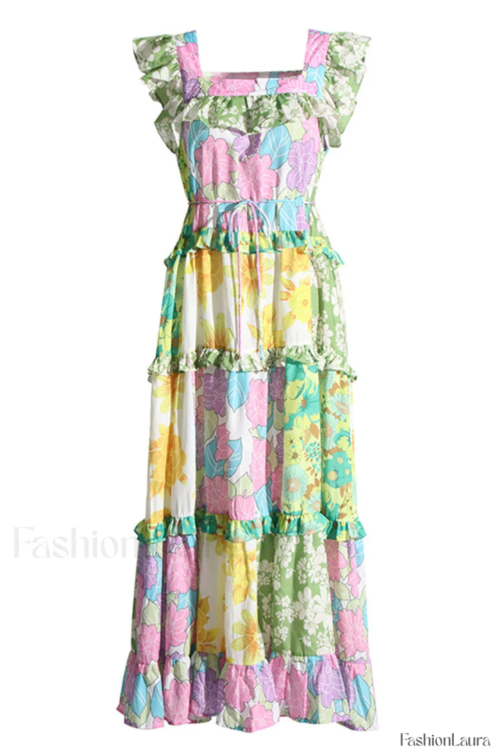 Tiered Patchwork Stylish Midi Dress S / Multi