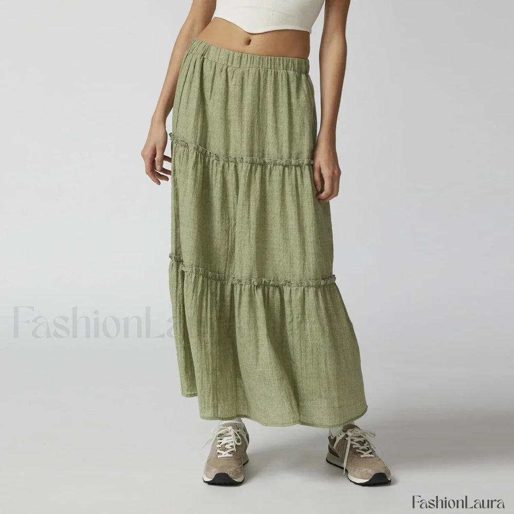 Tiered Pleated Swing Maxi Skirt Green / S