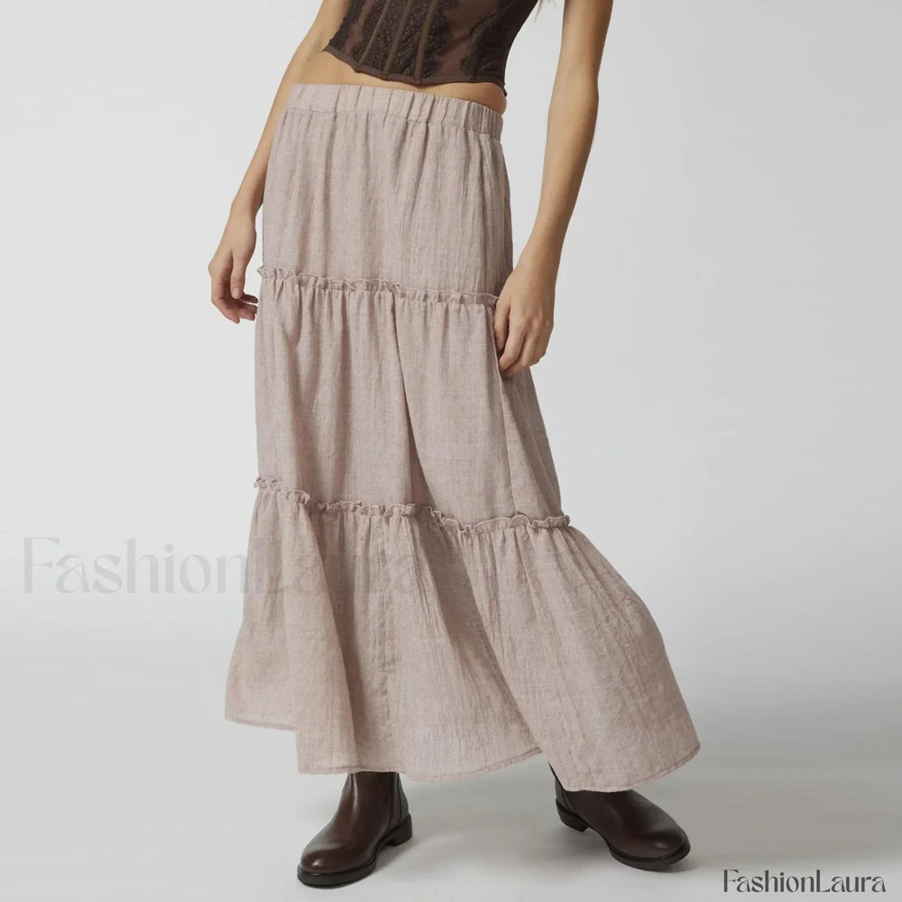 Tiered Pleated Swing Maxi Skirt Khaki / S
