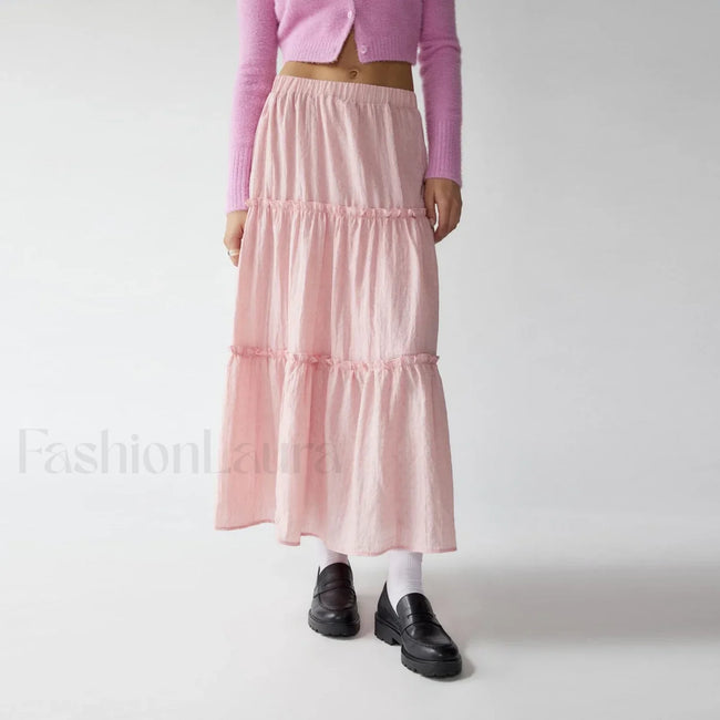 Tiered Pleated Swing Maxi Skirt Pink / S Main image