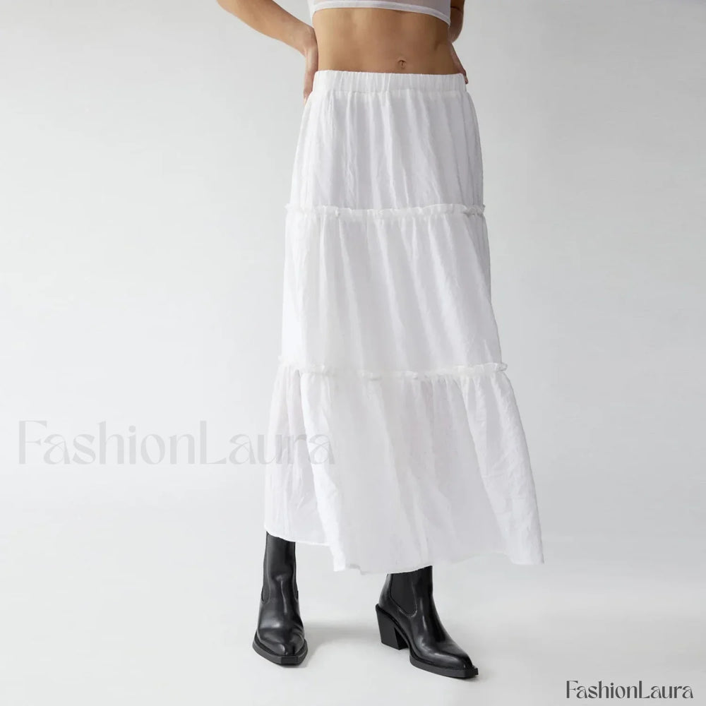 Tiered Pleated Swing Maxi Skirt WHITE / S