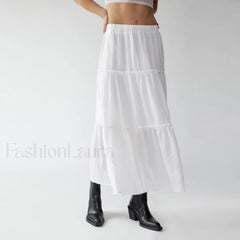 Tiered Pleated Swing Maxi Skirt WHITE / S