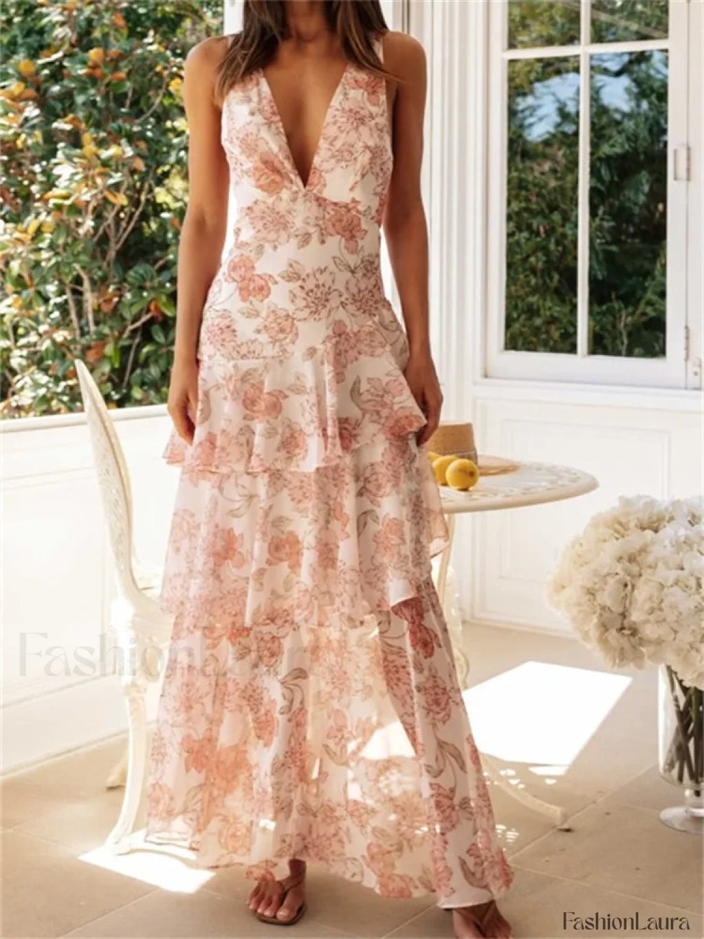 Tiered V Neck Floral Dress