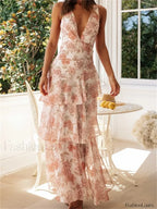 Tiered V Neck Floral Dress pink / S