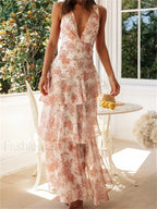 Tiered V Neck Floral Dress pink / S