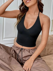 Tight Backless Navel Baring Halter Suspender Crop Top Black / S
