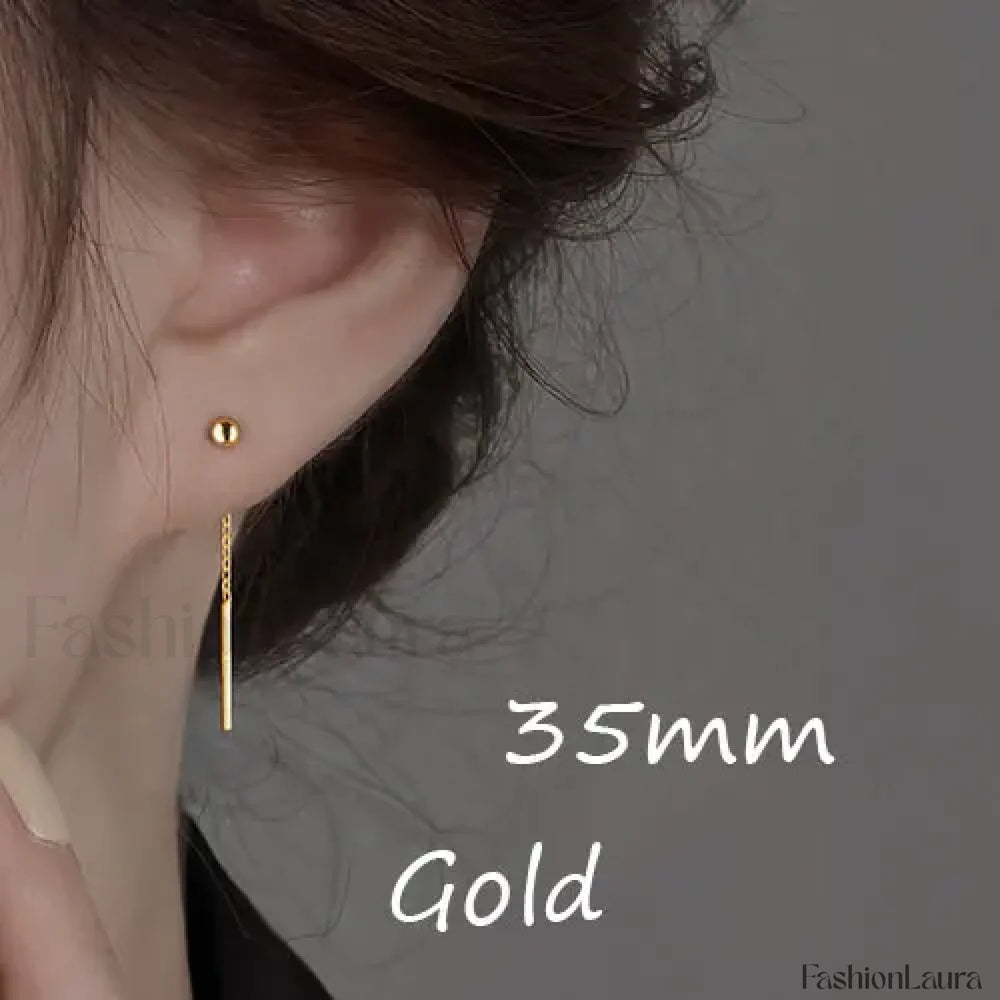 Trend Stainless Steel Long Wire Tassel Thread Chain Ball Pendants Drop Ear Line Straight Hanging Earring gold 35mm