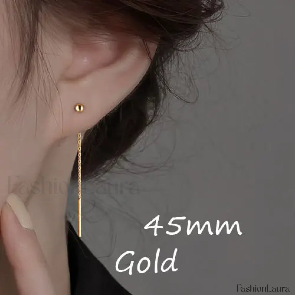 Trend Stainless Steel Long Wire Tassel Thread Chain Ball Pendants Drop Ear Line Straight Hanging Earring gold 45mm
