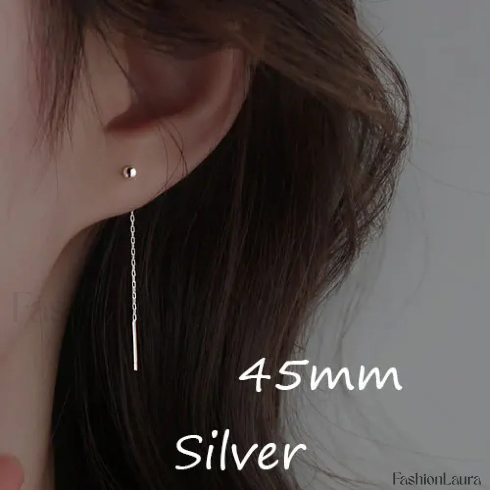 Trend Stainless Steel Long Wire Tassel Thread Chain Ball Pendants Drop Ear Line Straight Hanging Earring silver 45mm