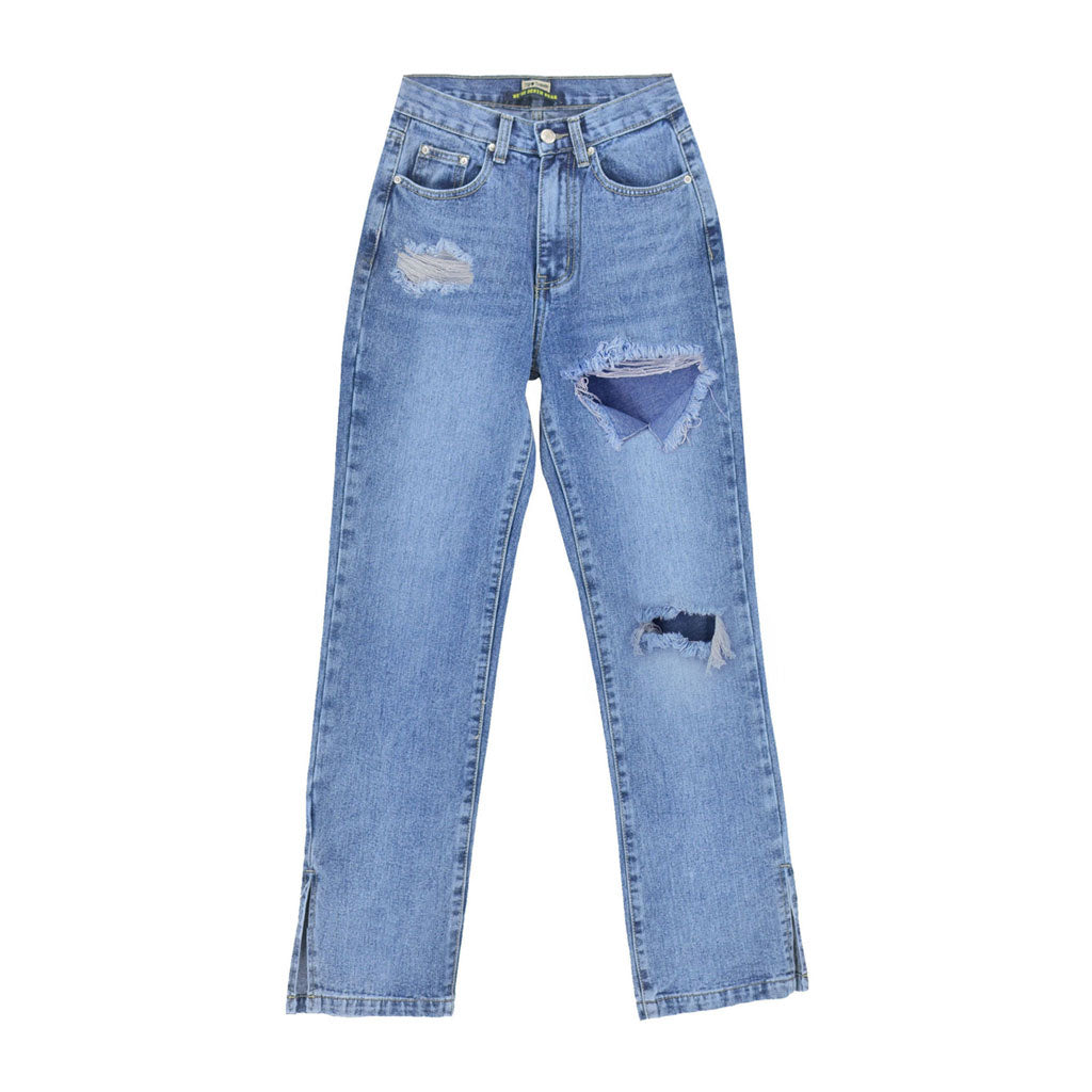 Trendy Cut Out High Waist Side Slit Wide Leg Jeans Blue L / Blue Jeans