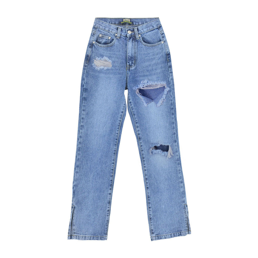 Trendy Cut Out High Waist Side Slit Wide Leg Jeans Blue L / Blue Jeans