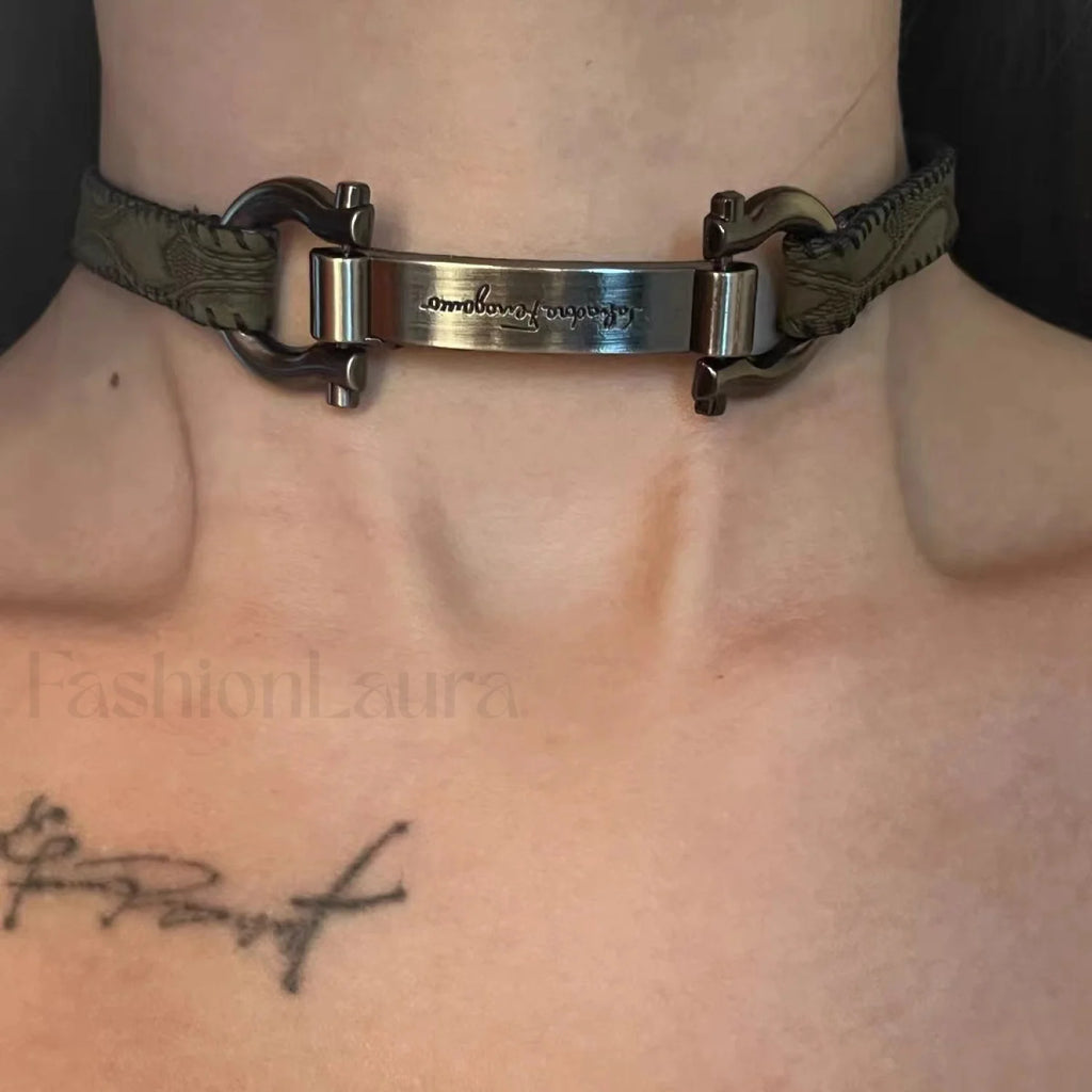 Trendy Heavy Y2K Choker Leather Metal Punk Necklace SILVER