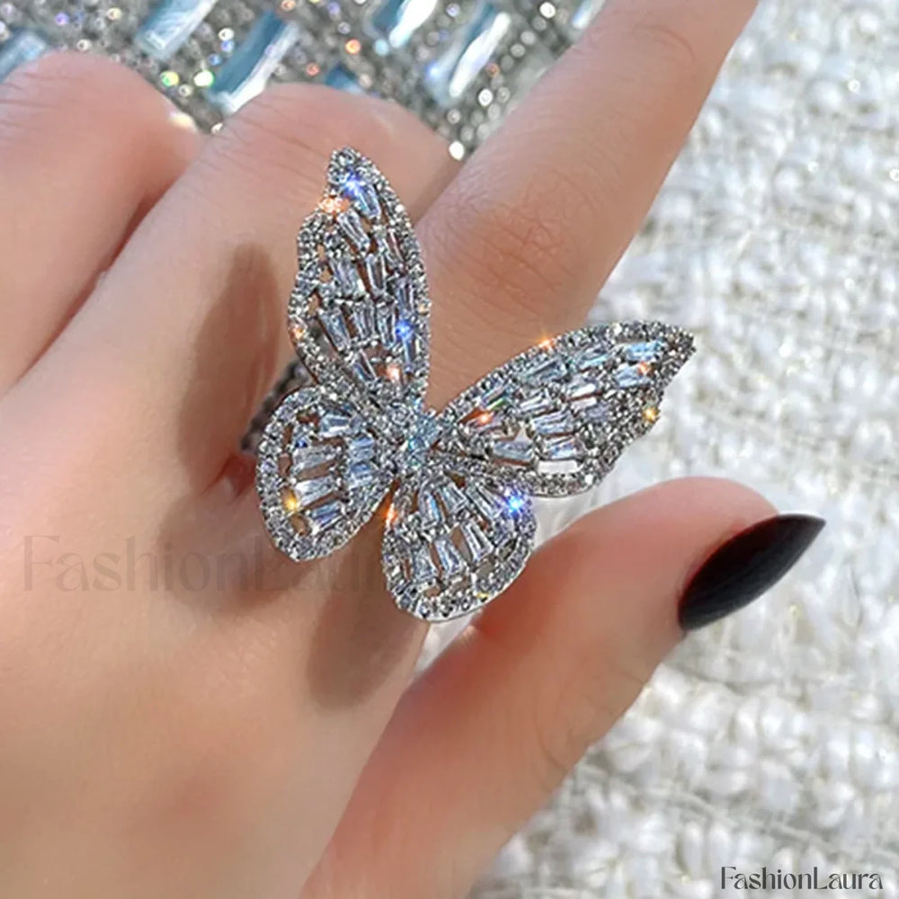 Trendy Shining Butterfly Crystal Acrylic Fashion Hand Accessories Jewelry Ring
