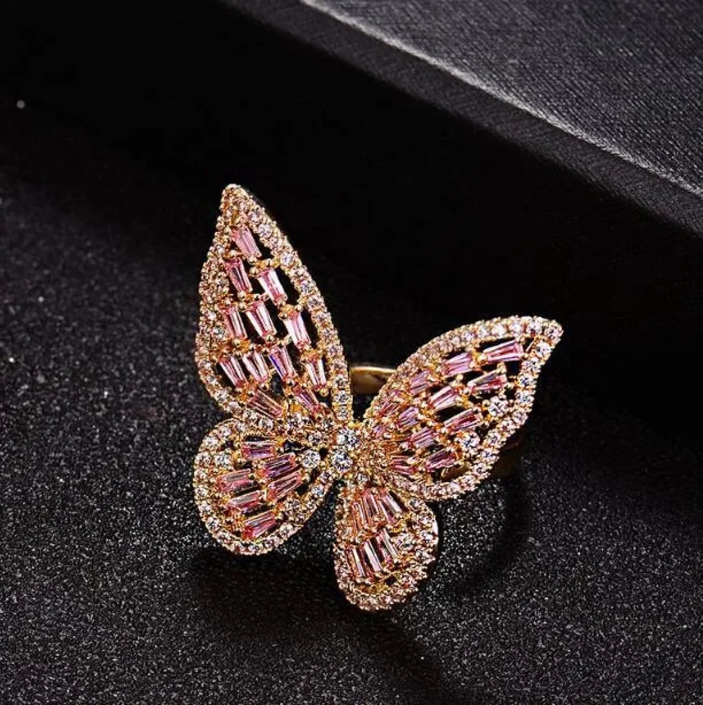 Trendy Shining Butterfly Crystal Acrylic Fashion Hand Accessories Jewelry Ring 3 Gold / silver