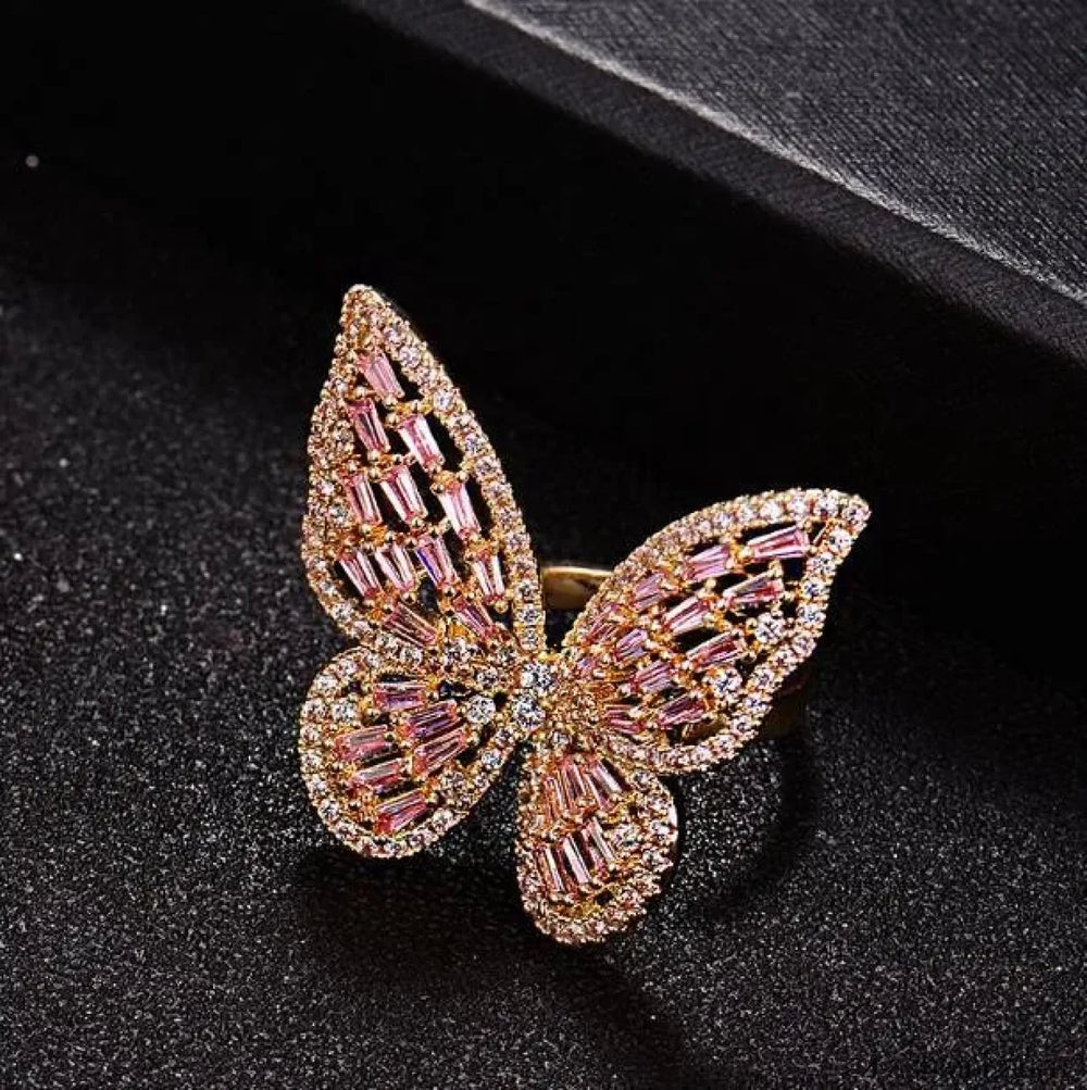 Trendy Shining Butterfly Crystal Acrylic Fashion Hand Accessories Jewelry Ring 3 Gold / silver