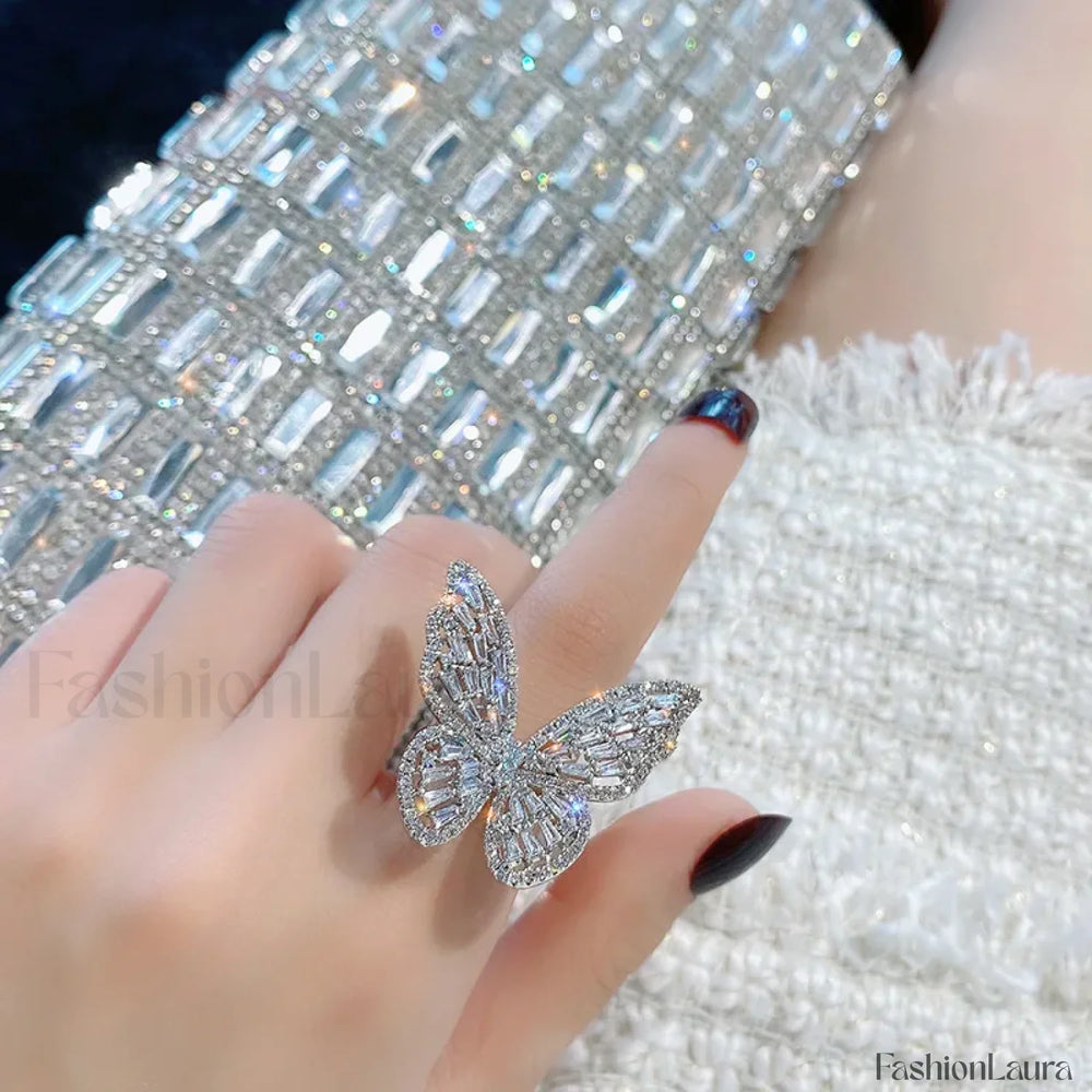 Trendy Shining Butterfly Crystal Acrylic Fashion Hand Accessories Jewelry Ring