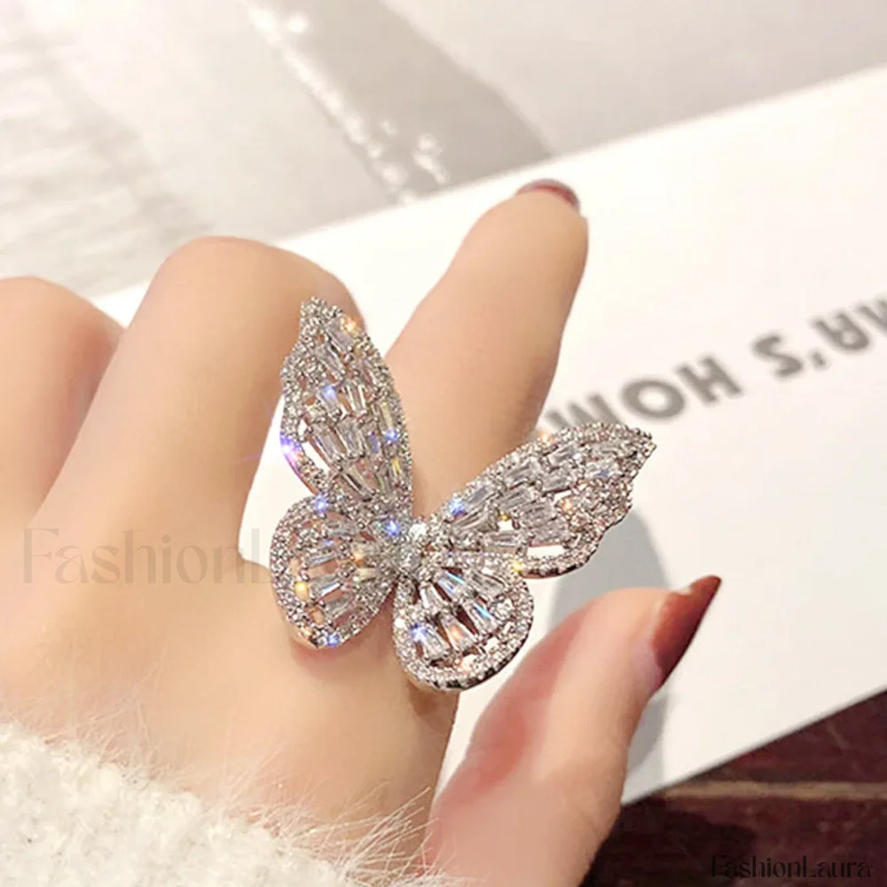 Trendy Shining Butterfly Crystal Acrylic Fashion Hand Accessories Jewelry Ring white / silver