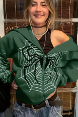 Trendy Spider Web Zipper Hoodie Green / S