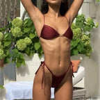 Triangle Halter Thong Solid Bikini Set
