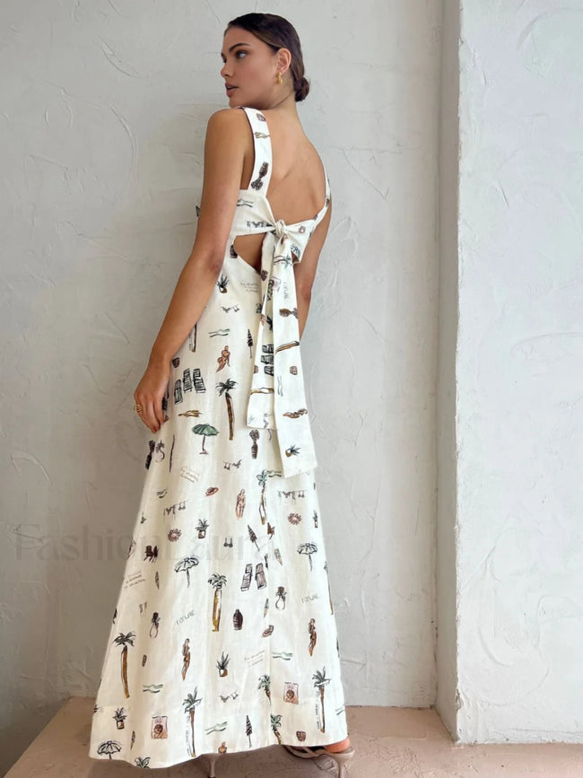 Tropical Print Knotted Long Dress Off White / XS Dresses Main image