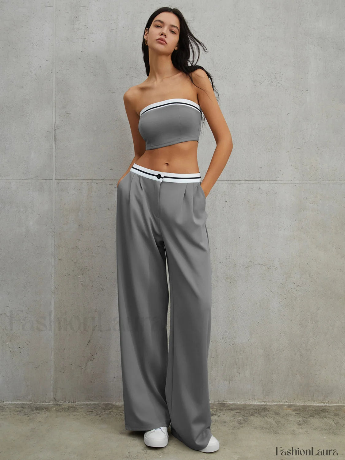 Tube Top Two Piece Contrast Waistband Pants Set Pant Sets
