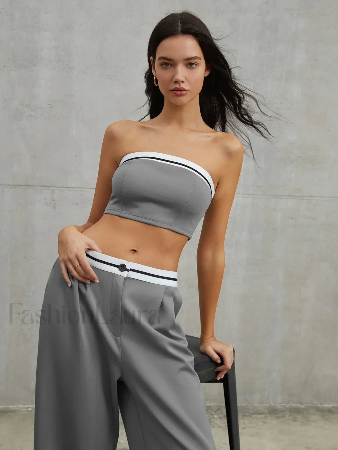 Tube Top Two Piece Contrast Waistband Pants Set Pant Sets