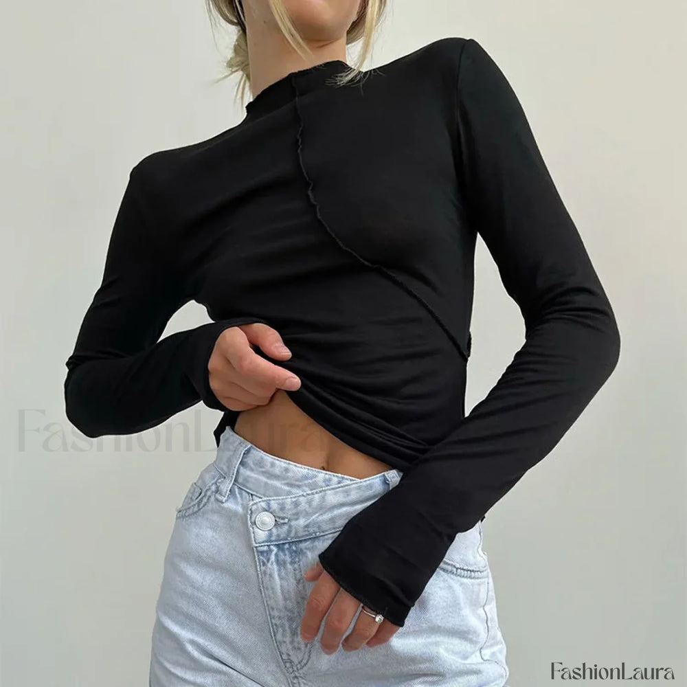 Turtleneck Casual Fashion Long Sleeve Tee Black / S