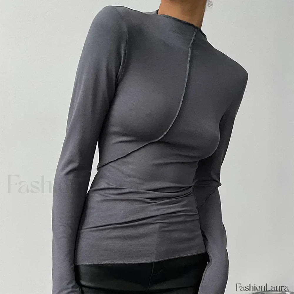 Turtleneck Casual Fashion Long Sleeve Tee Dark Grey / S