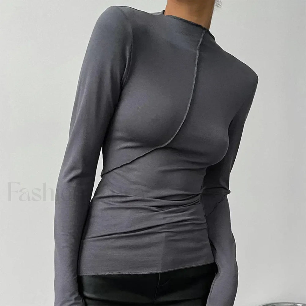 Turtleneck Casual Fashion Long Sleeve Tee Dark Grey / S
