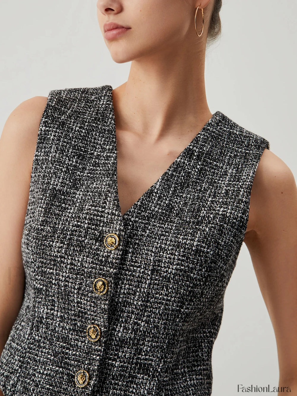 Tweed Metallic Graceful Button Vest Vests