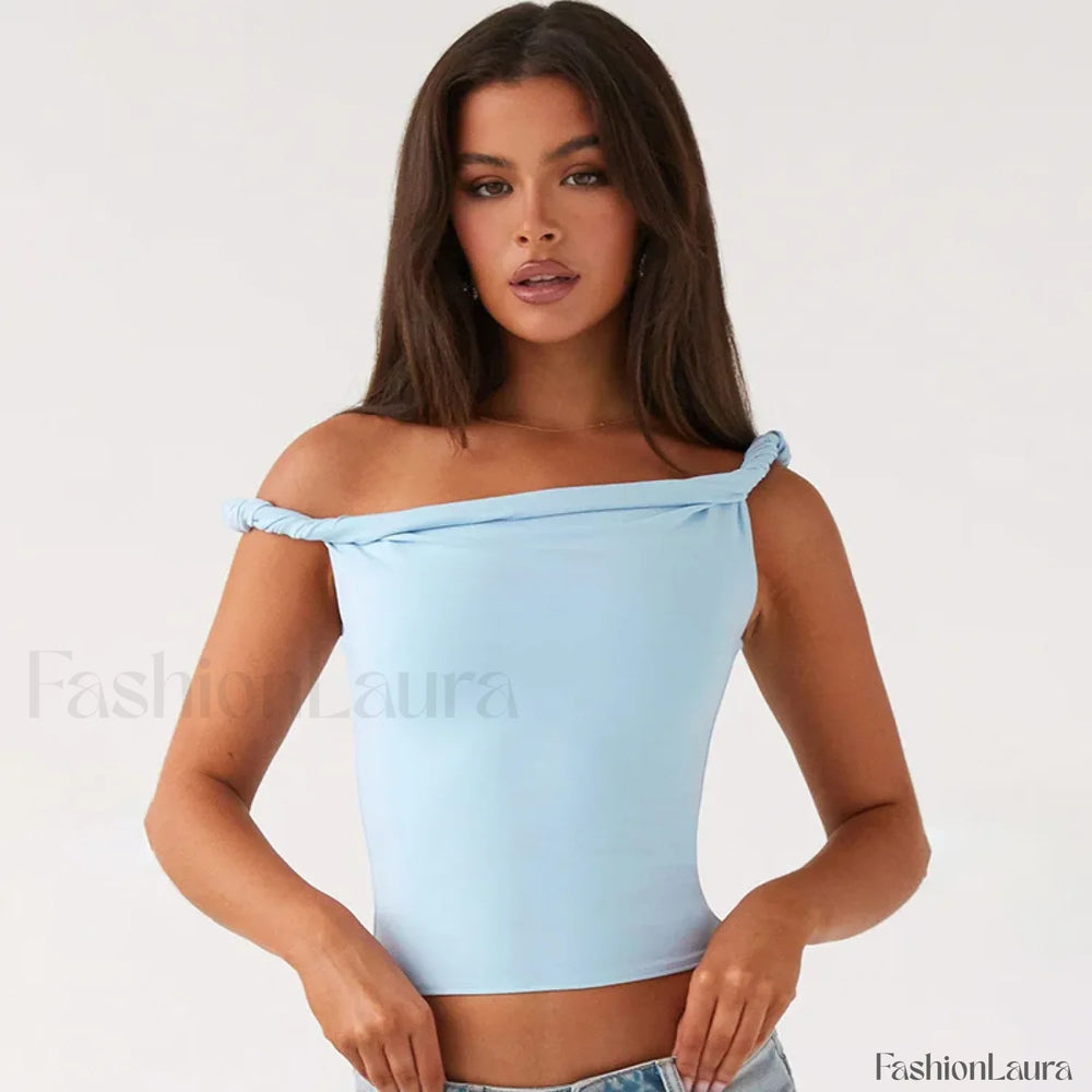 Twist Shoulder Halter Crop Top Blue / S