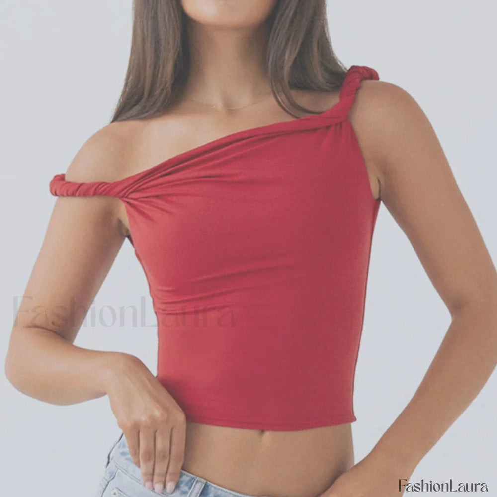 Twist Shoulder Halter Crop Top Red / S